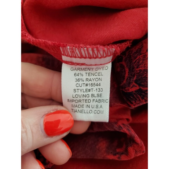 Tianello Red Black Paisley Floral Tencel Blouse Top Womens Oversized M Tunic - Picture 3 of 8